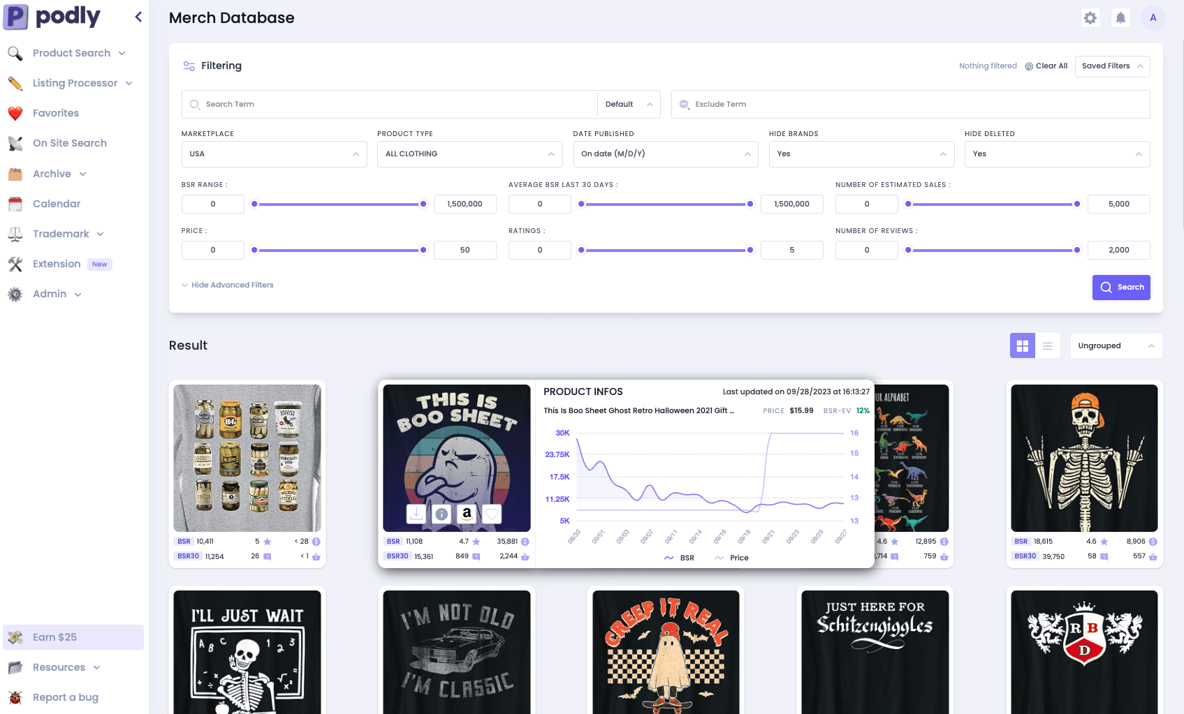 Podly's user-friendly interface helps you easily identify trending designs and their potential revenue.