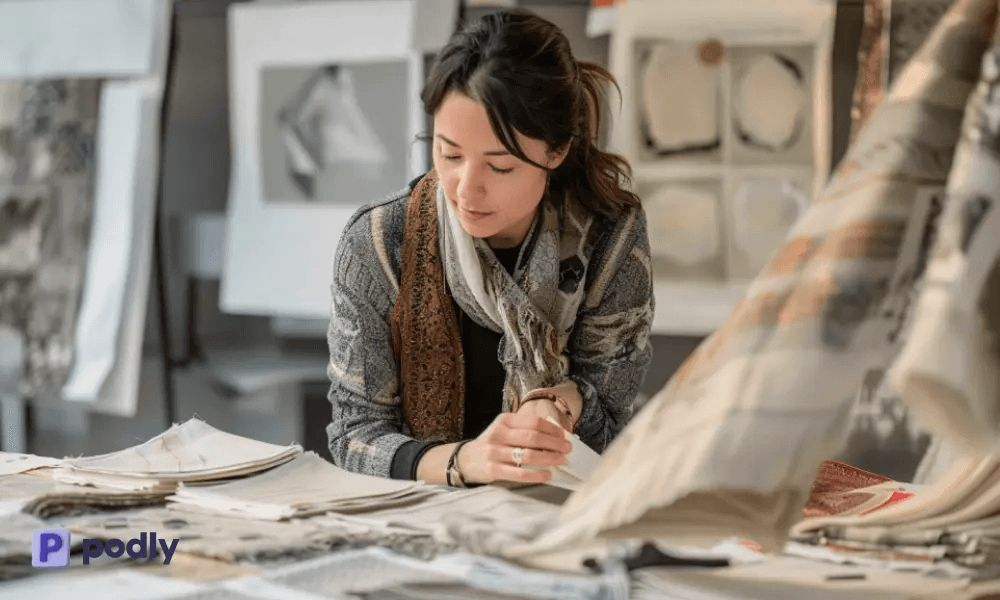 A designer thoughtfully examining various fabrics like silk and cashmere in a studio