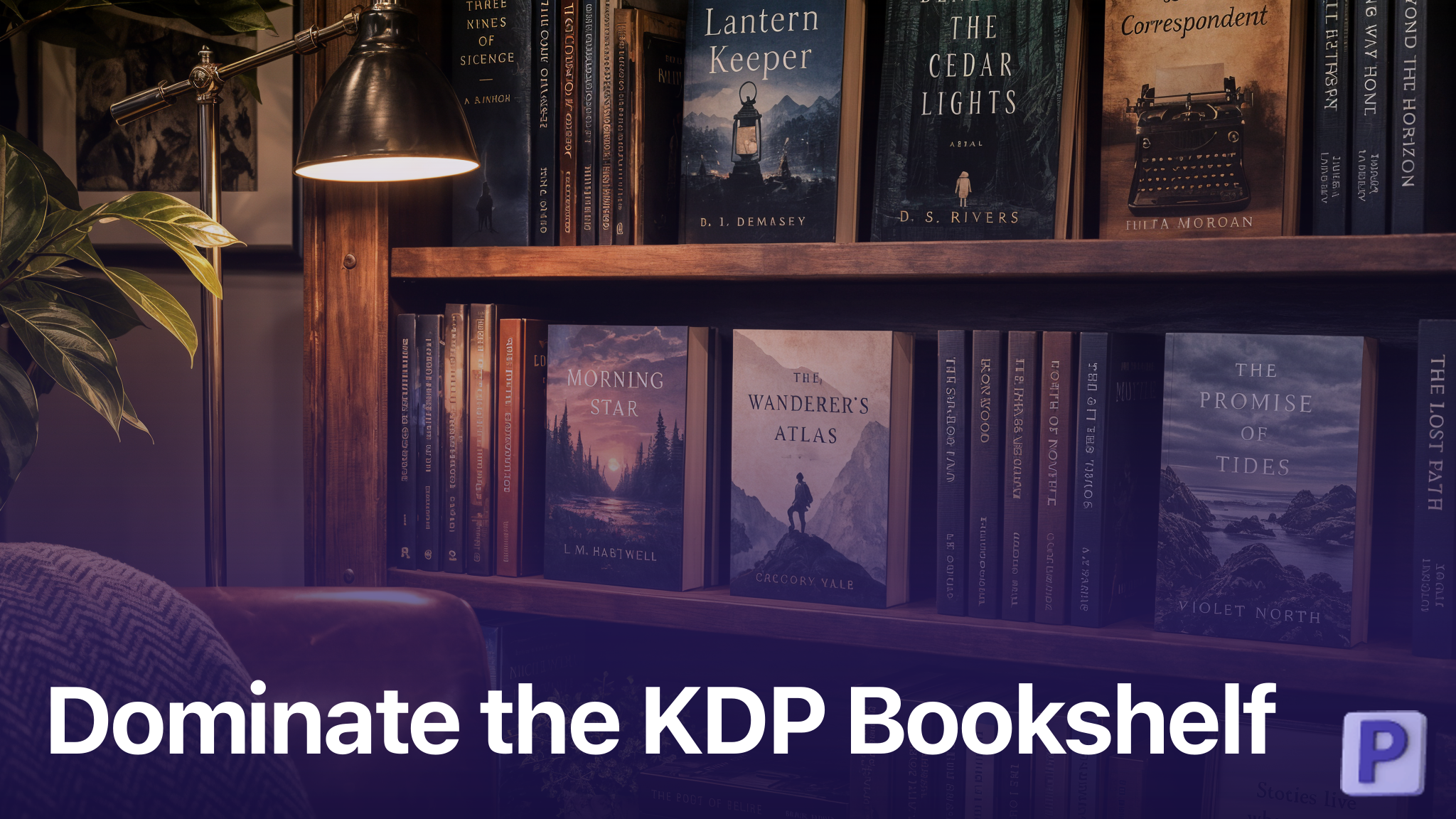 Styled bookshelf displaying Amazon KDP self-published books with colorful cover designs