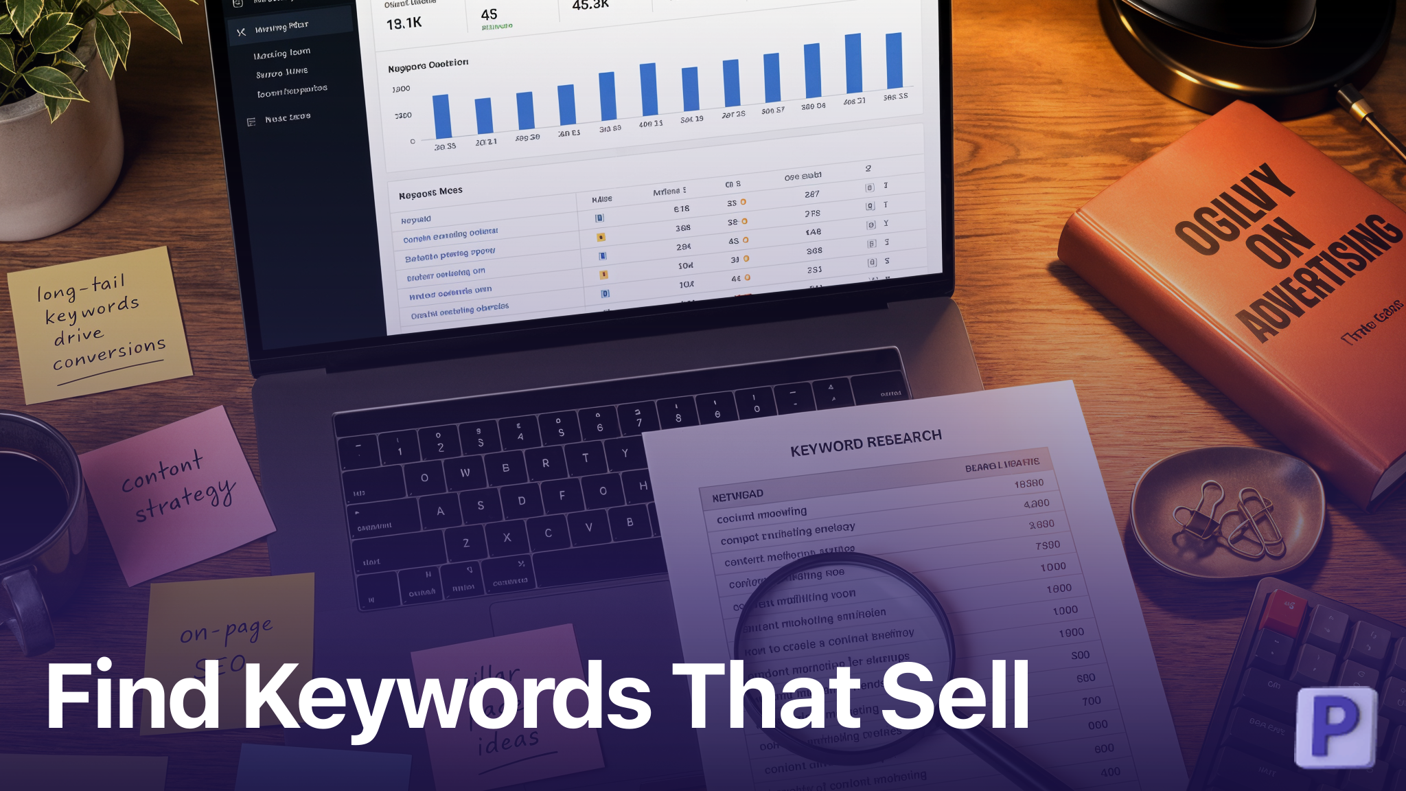 Laptop showing Amazon merch keyword research analytics with search volume data on desk