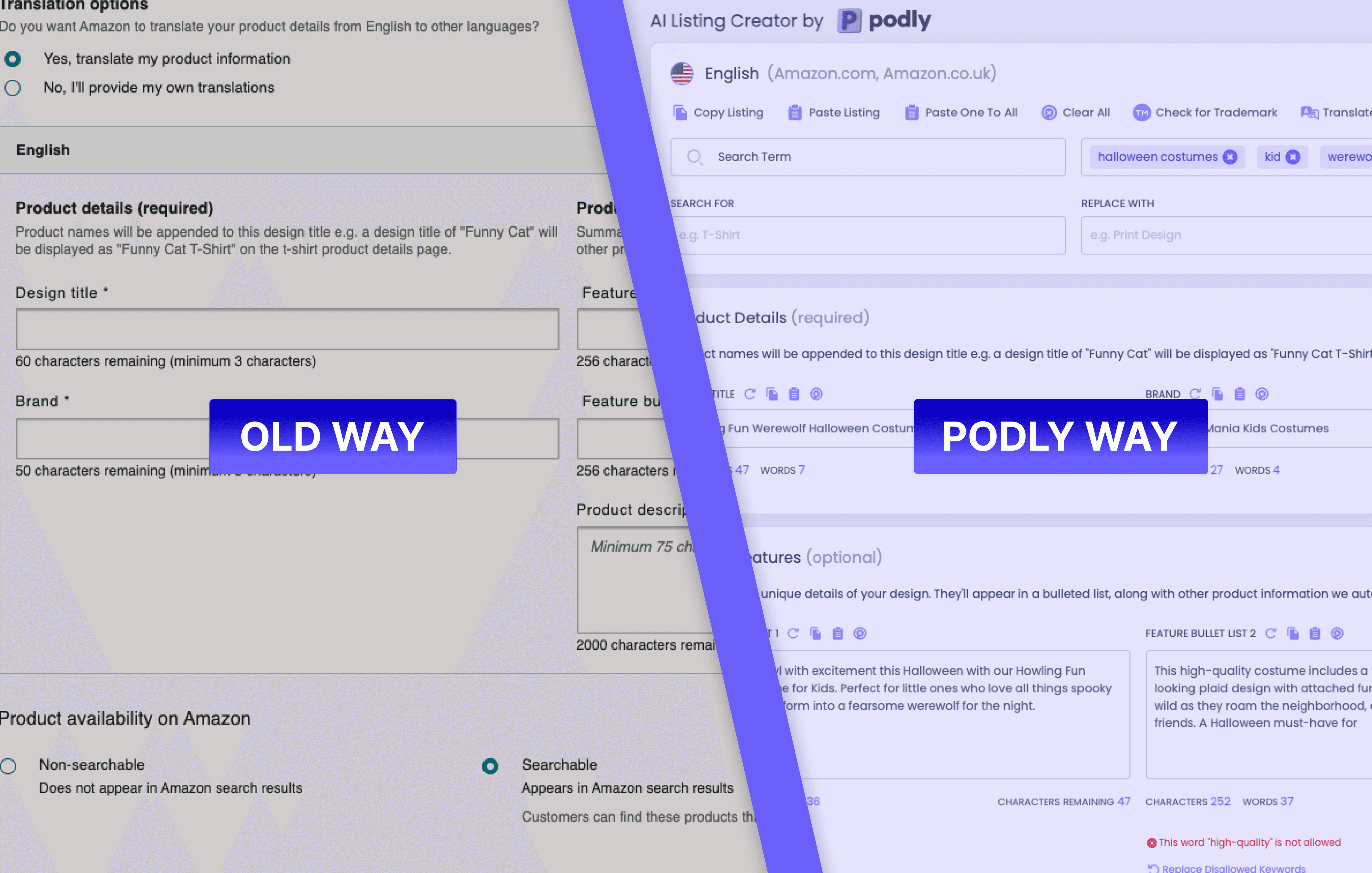 Side-by-side comparison of manual and Podly-optimized Amazon listings