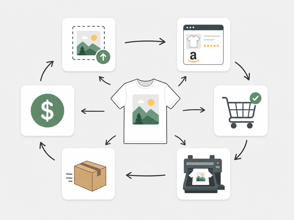 Merch by Amazon print-on-demand workflow from design upload to shipping and royalties