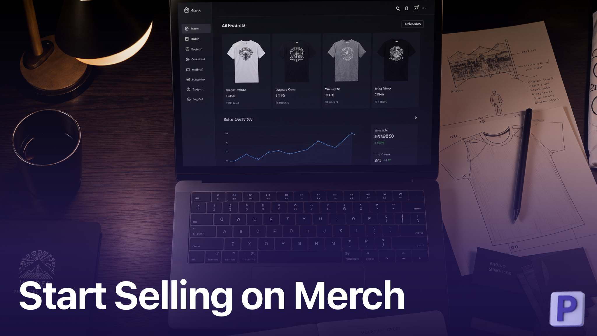 Dark moody workspace with laptop showing merch by Amazon t-shirt designs