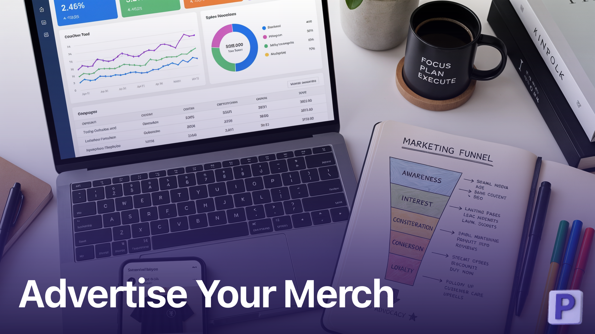 Marketing workspace with laptop showing merch by Amazon advertising dashboard and metrics