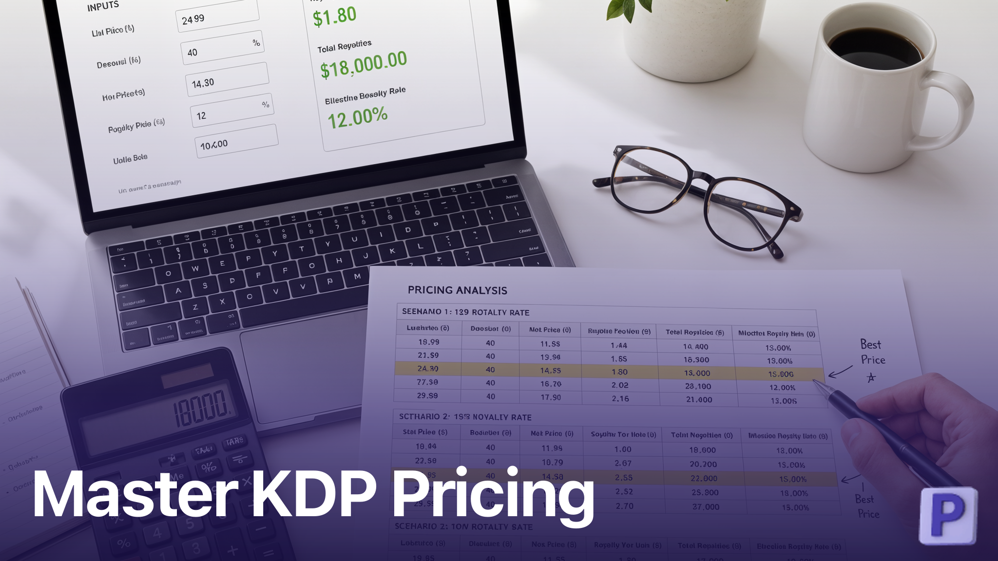 KDP royalty calculator interface with pricing tables and profit calculations on desk