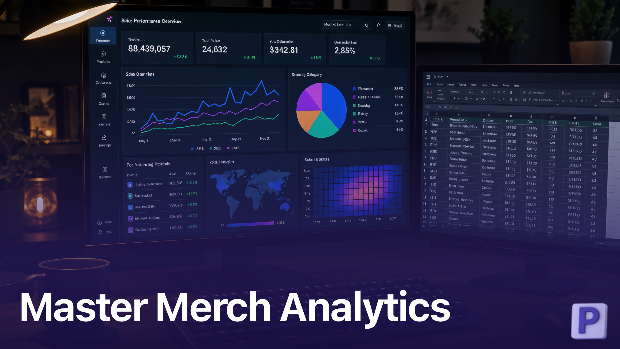 Dual monitor workspace showing merch by Amazon analytics dashboard and sales data