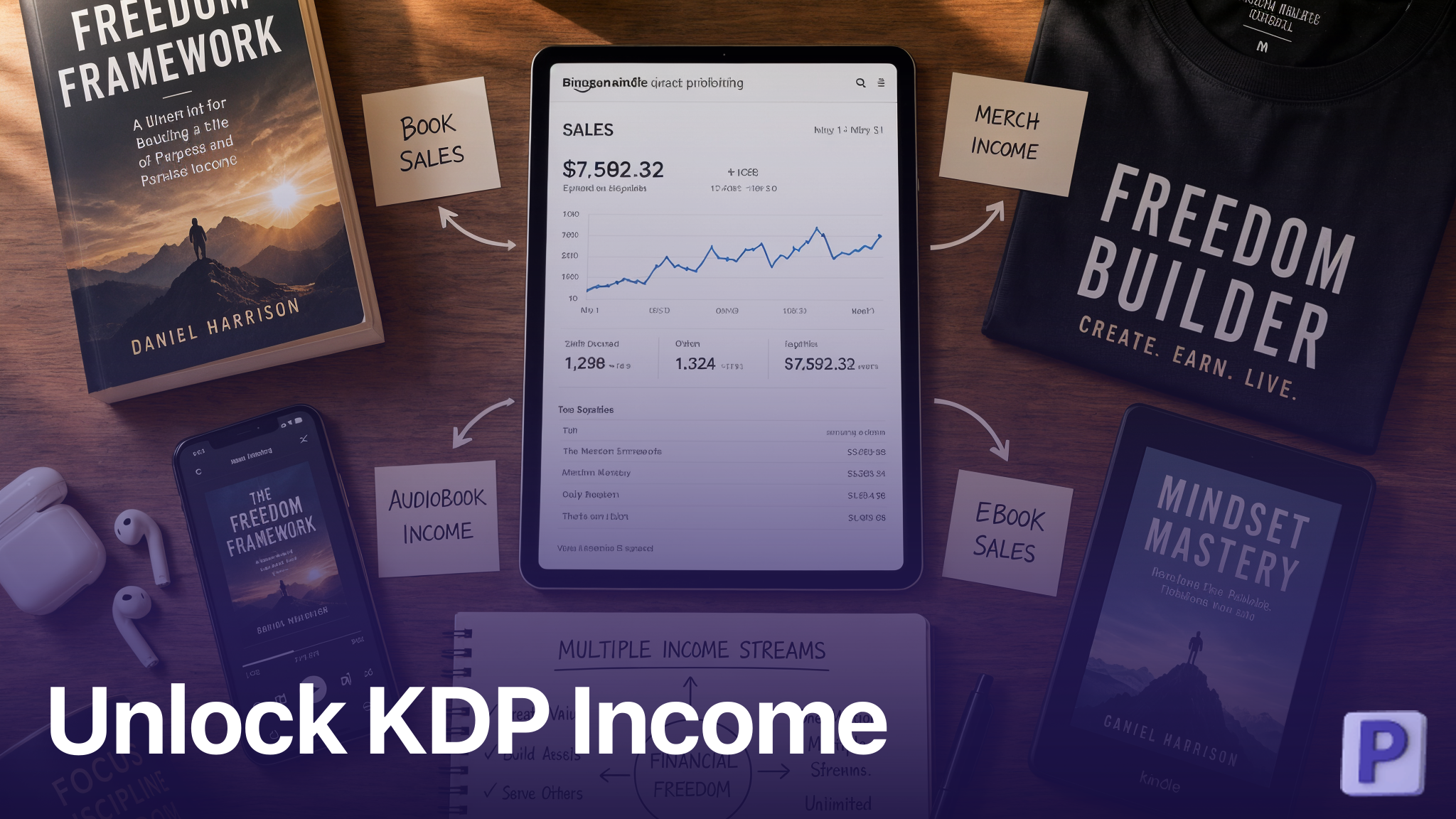 Multiple Amazon KDP income streams including ebooks paperbacks and audiobooks on desk