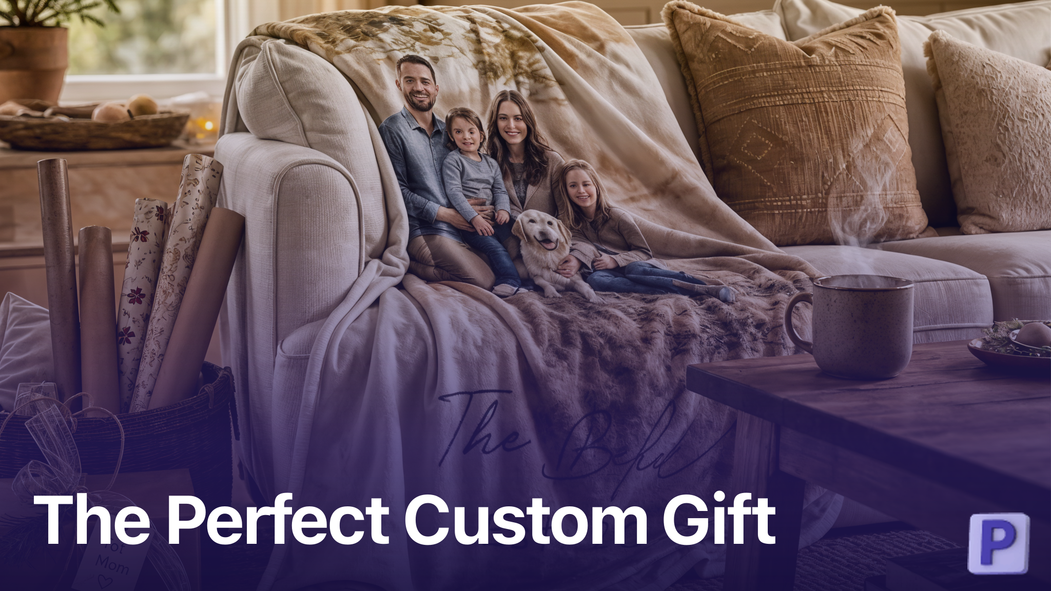 Personalized print on demand blanket draped on couch with gift wrapping materials