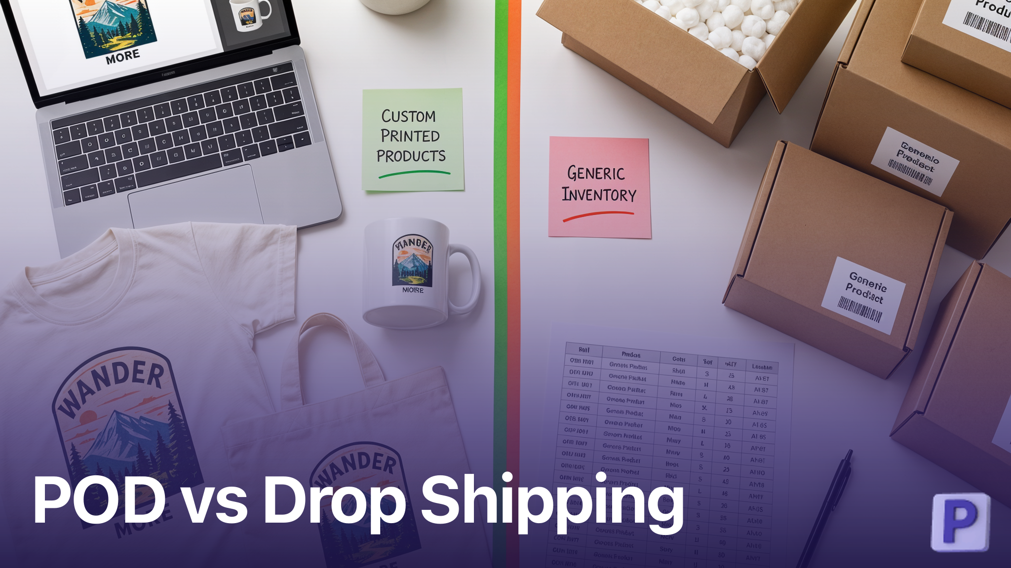 Print on demand products versus drop shipping inventory comparison on split desk