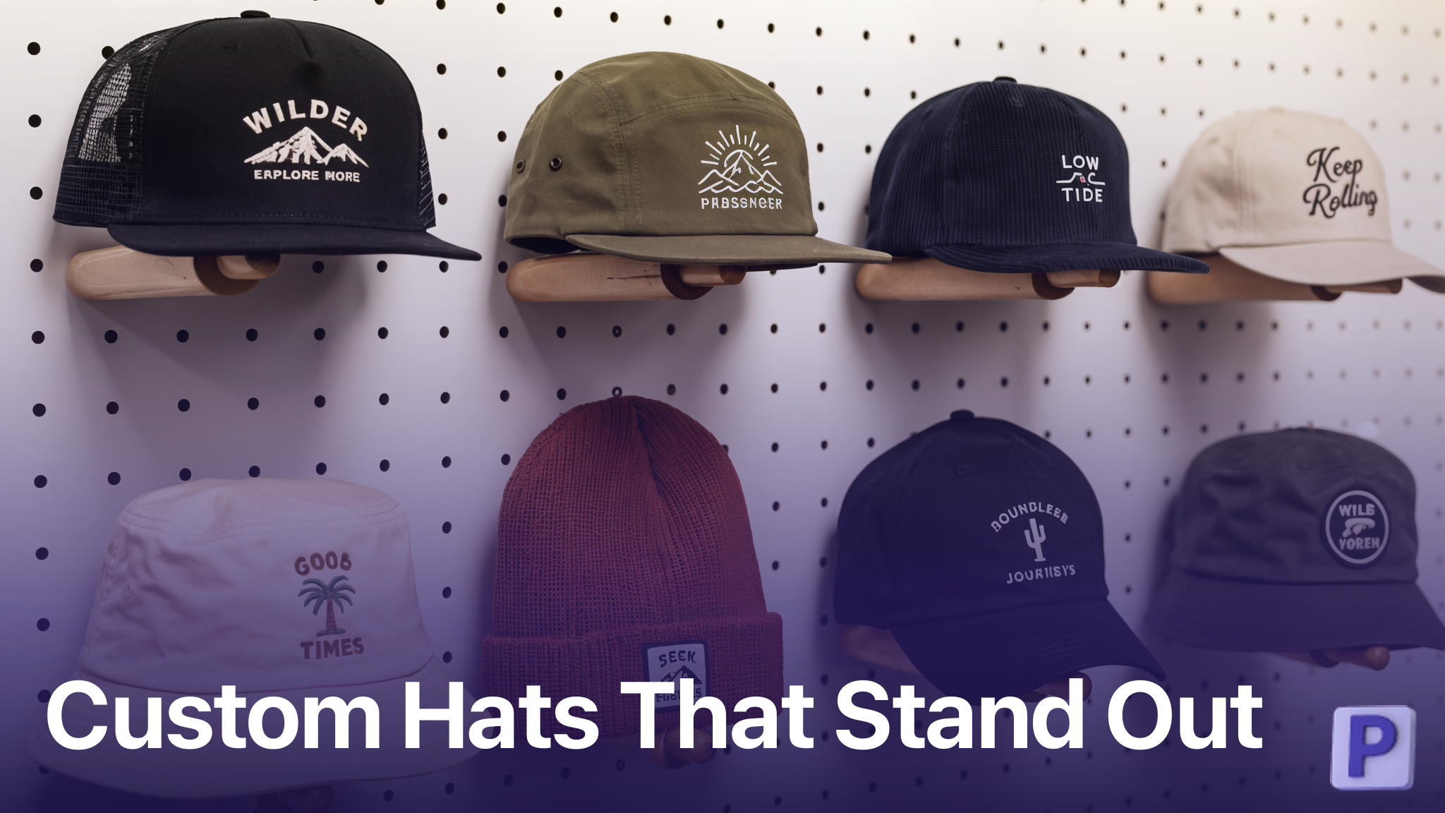Eight unique print on demand hat designs displayed on white pegboard wall hooks