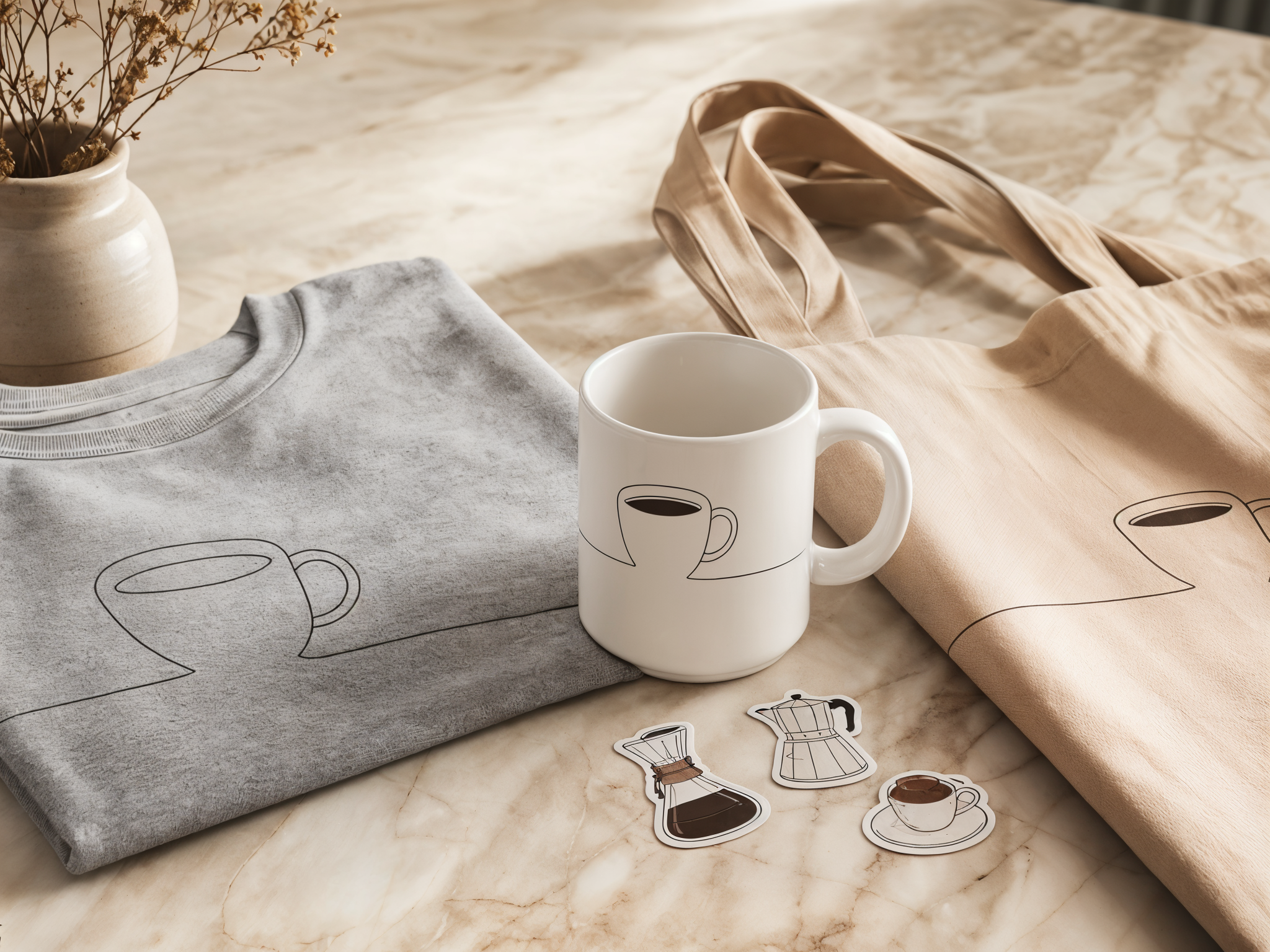 Coffee themed print on demand niches products including a mug, t-shirt, and tote bag on marble