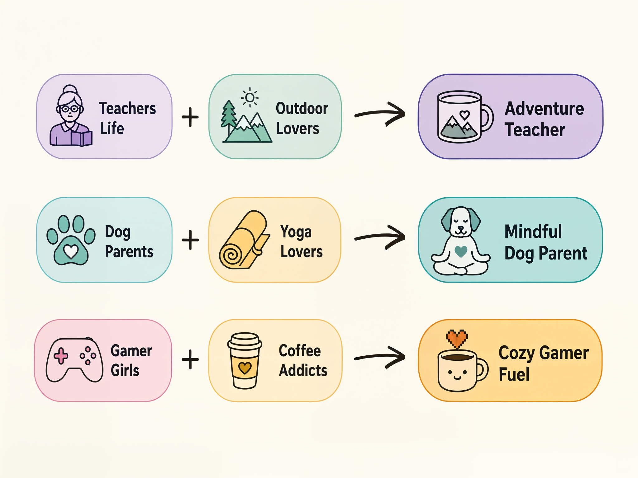 Diagram showing how combining two buyer identities creates sharper low competition print on demand niches