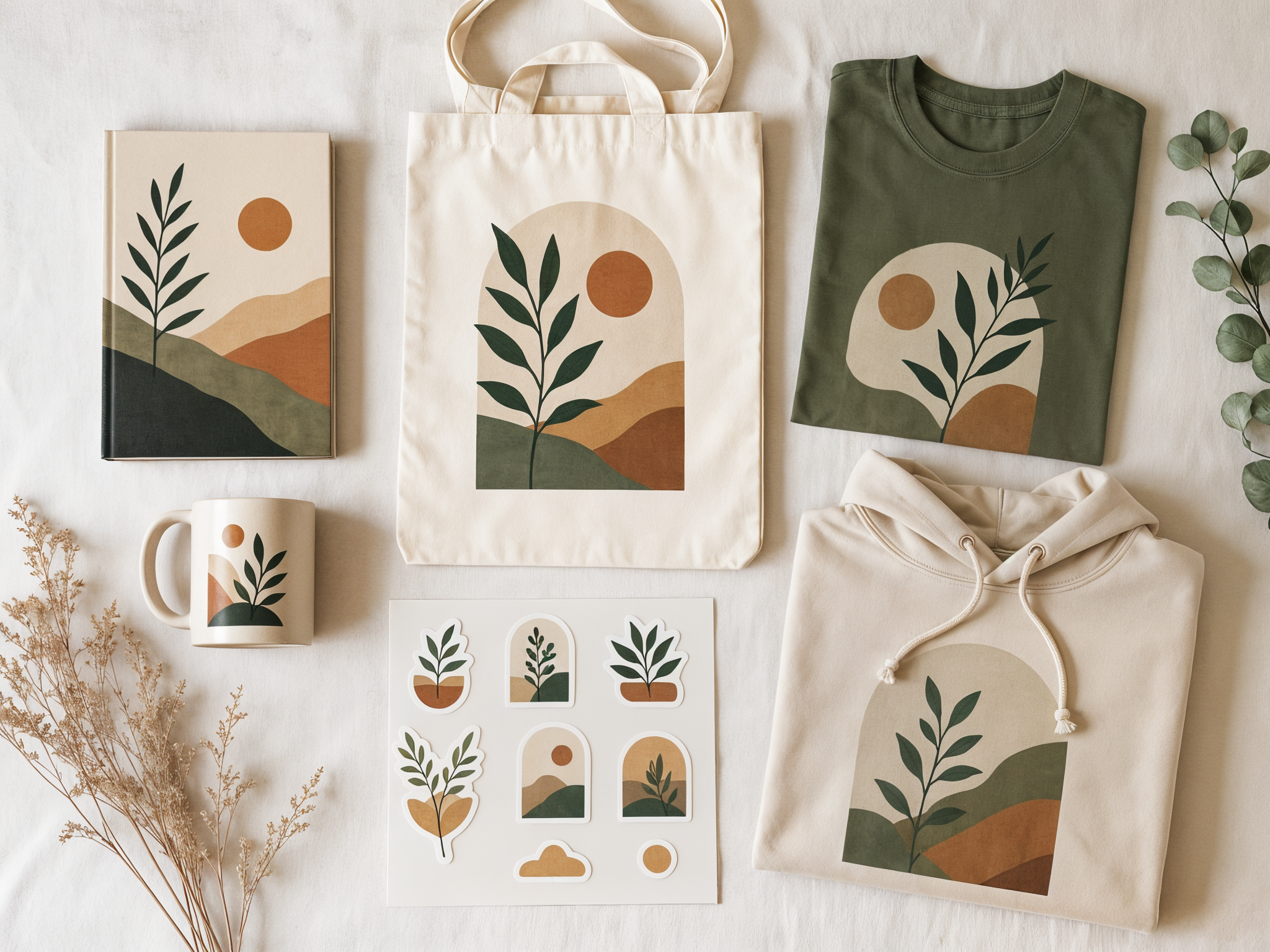 Flat lay of print on demand niches product formats including a journal, tote bag, mug, and apparel