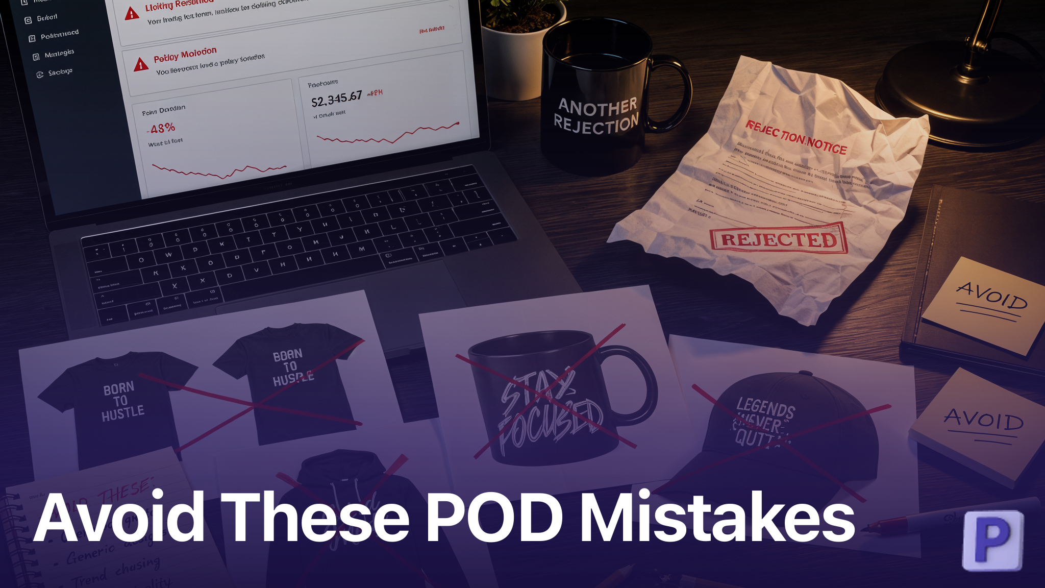 Print on demand seller dashboard showing common mistakes with declining sales alerts