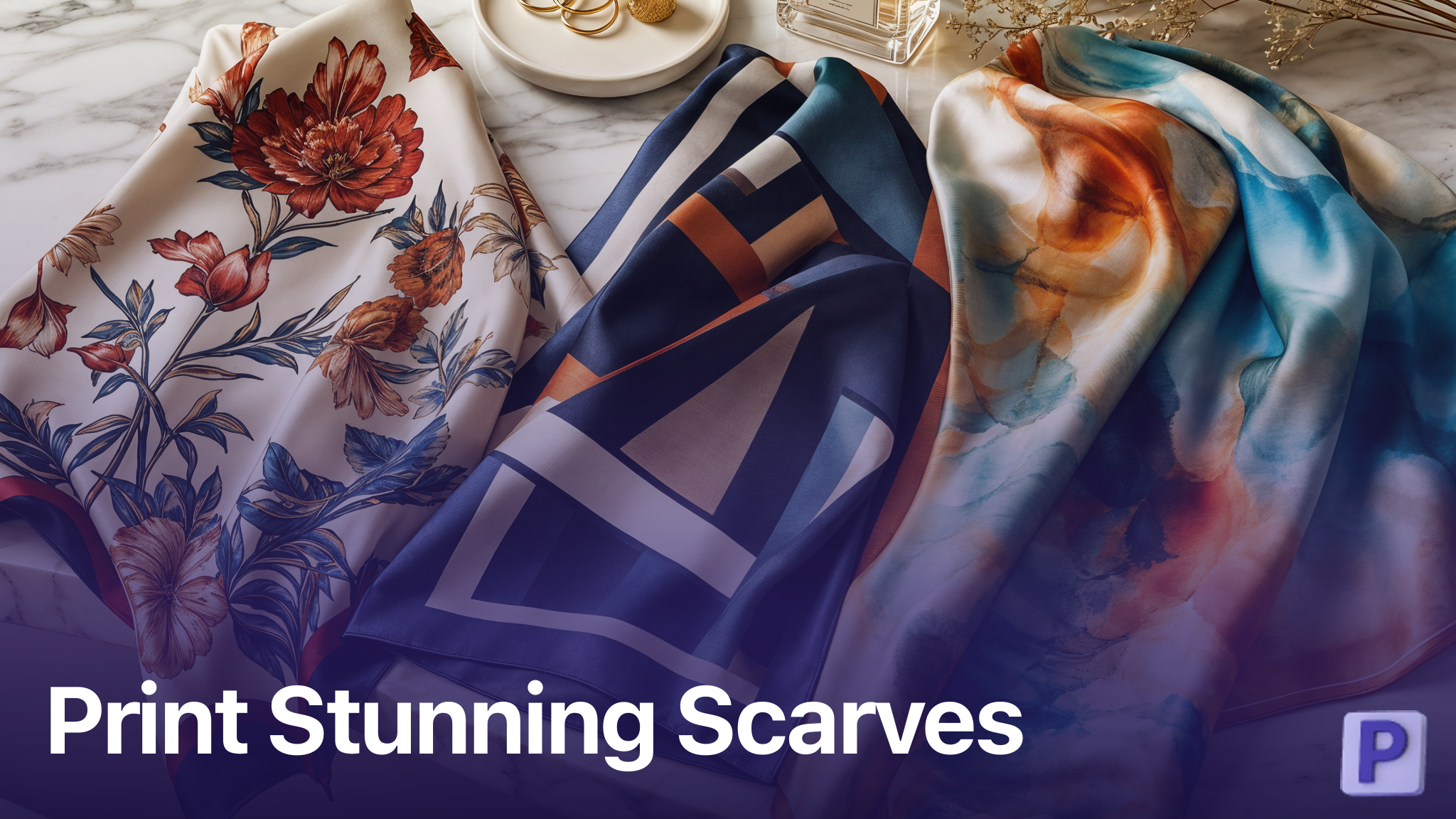 Custom printed silk scarves with floral and geometric patterns on marble surface