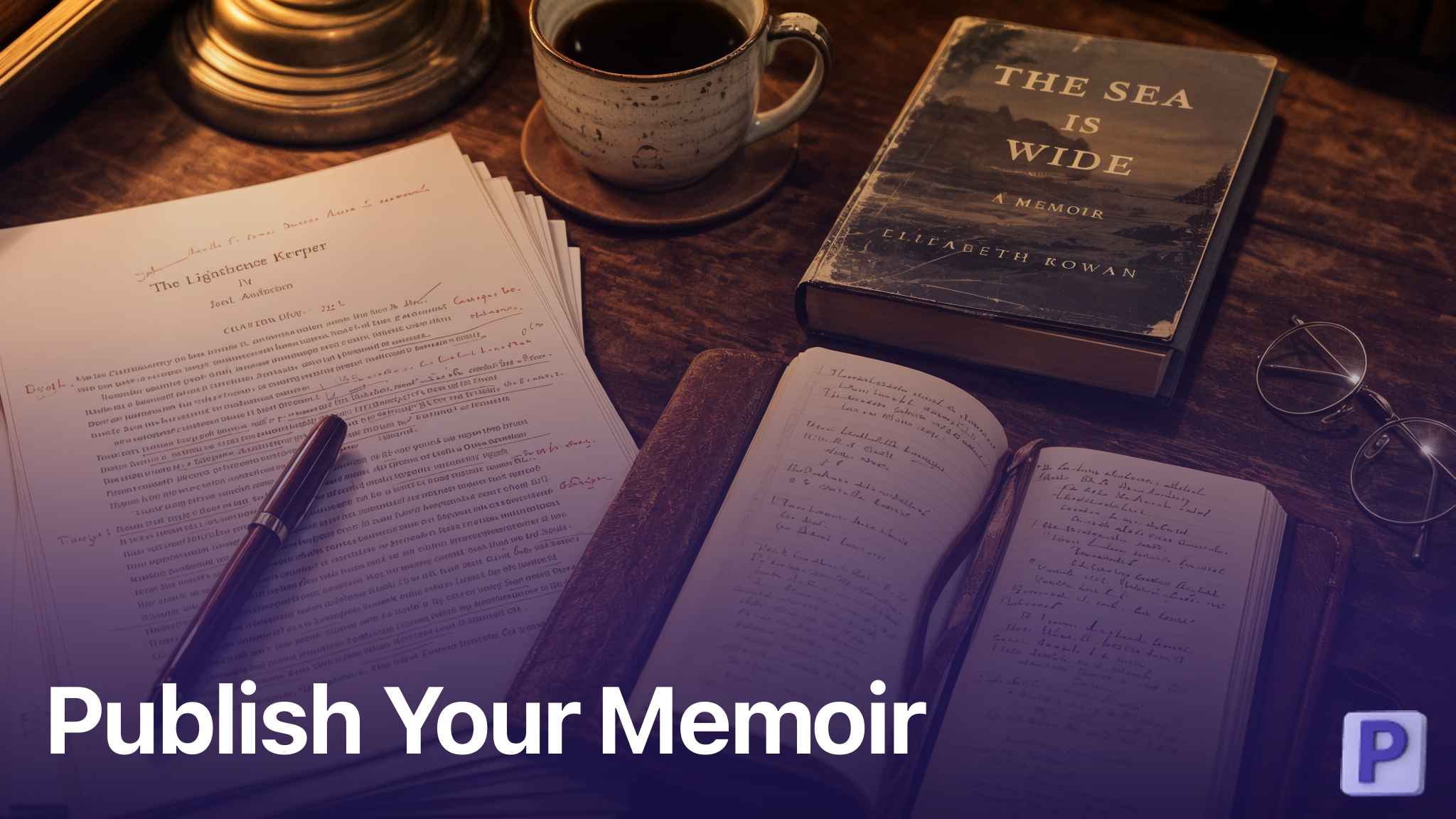 Memoir manuscript pages with handwritten edits and literary writing tools on antique desk