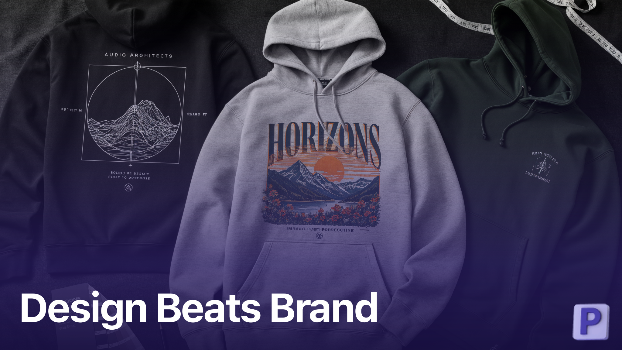 Three custom designed hoodies showing print on demand design details on dark background