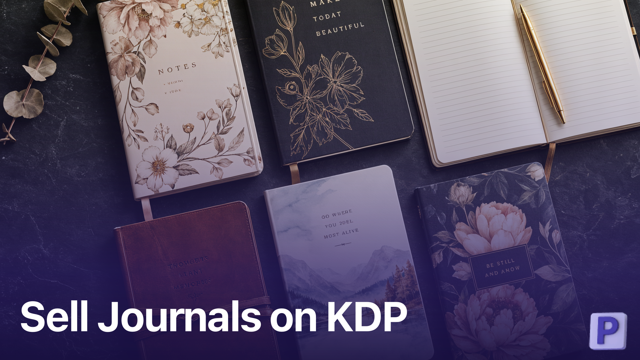 Custom designed journals for Amazon KDP displayed on dark slate surface with gold pen