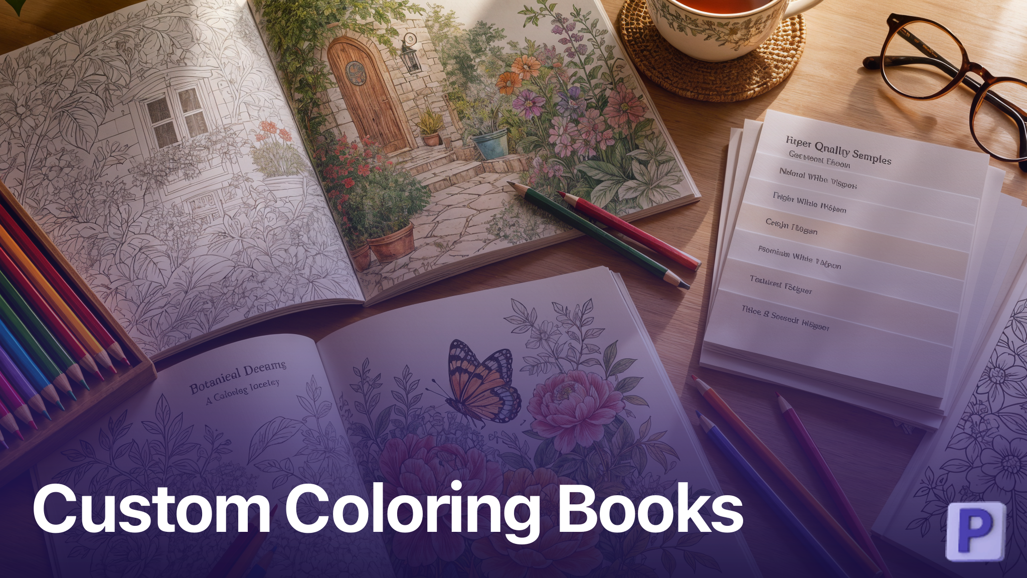 Custom coloring book printing samples with colored pencils and quality comparisons