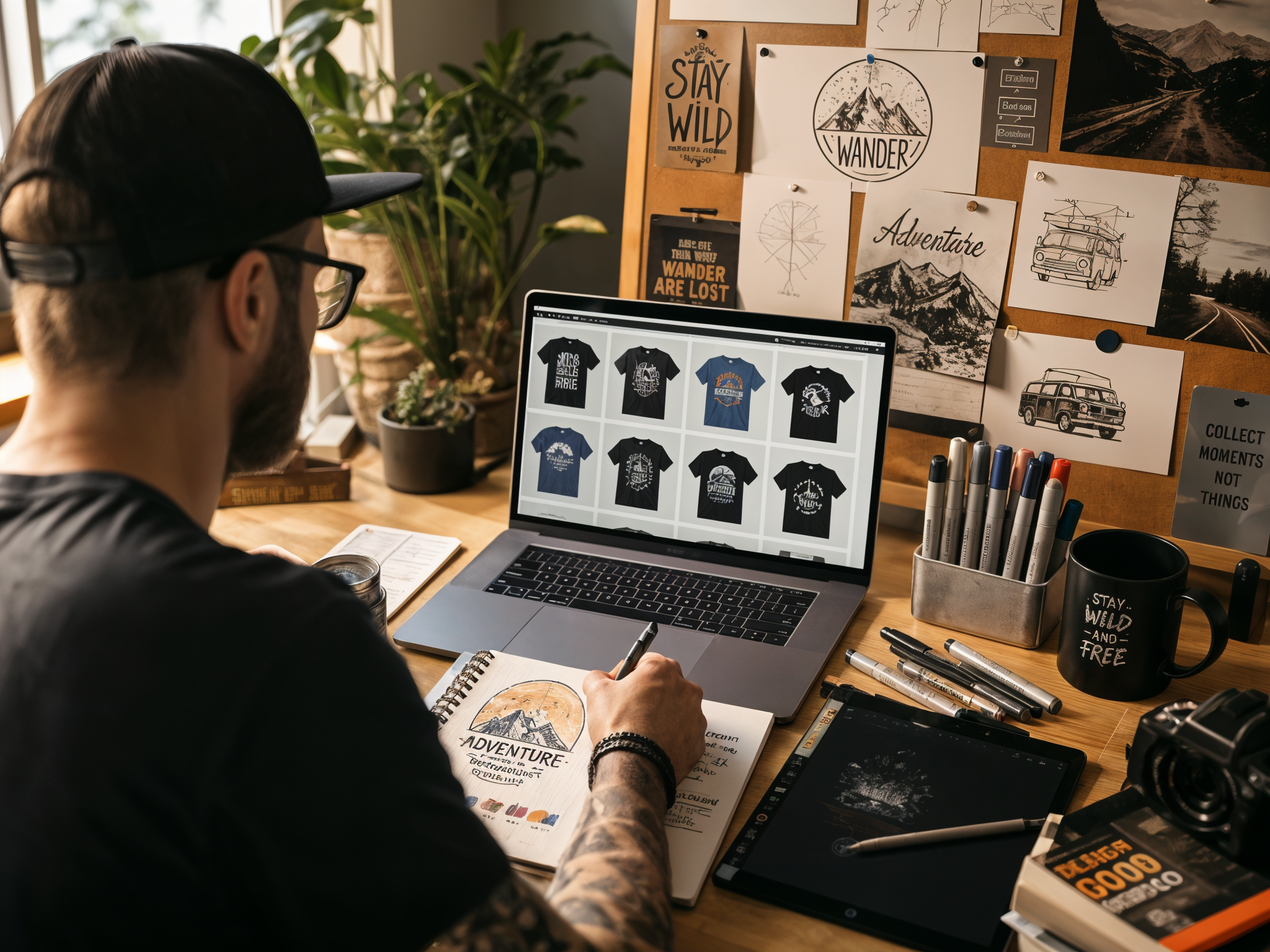 Designer workspace with laptop showing trending t-shirt designs mockups and mood board for niche research