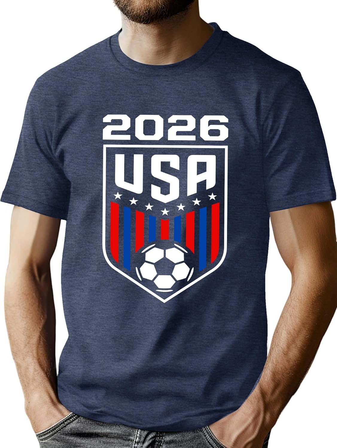 Real example of a trademark-safe soccer 2026 USA trending t-shirt design with original crest