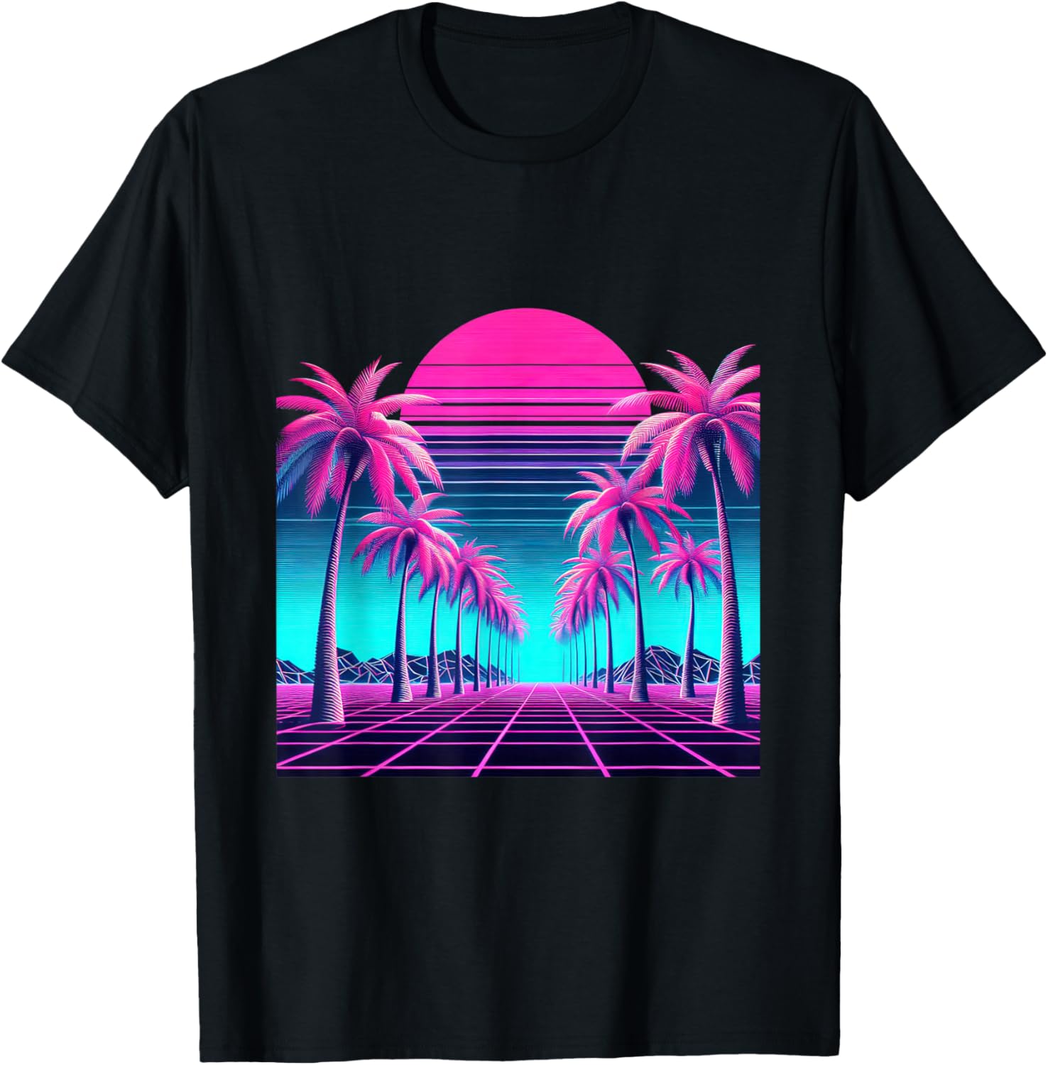 Real example of a synthwave 80s palm tree sunset t-shirt design safe for Amazon Merch